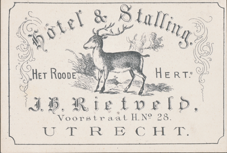 711324 Visitekaartje van J.H. Rietveld, Hotel & Stalling Het Roode Hert , Voorstraat H. No. 28 te Utrecht.